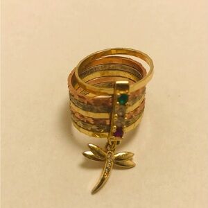 18K Gold Filled Elegant Gold Multicolor Ring with Dragonfly Charm Sz 6